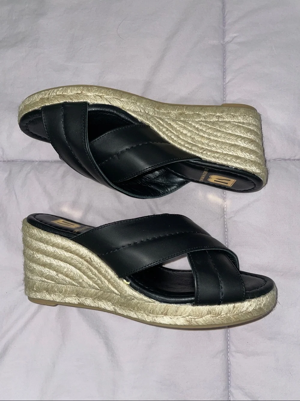 Bruno Magli Black Leather Crossover Espadrille Wedge Slides